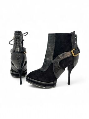 Christian Dior Galliano Vintage 90s Y2K Black Suede Leather Ankle Boots 37.5 7